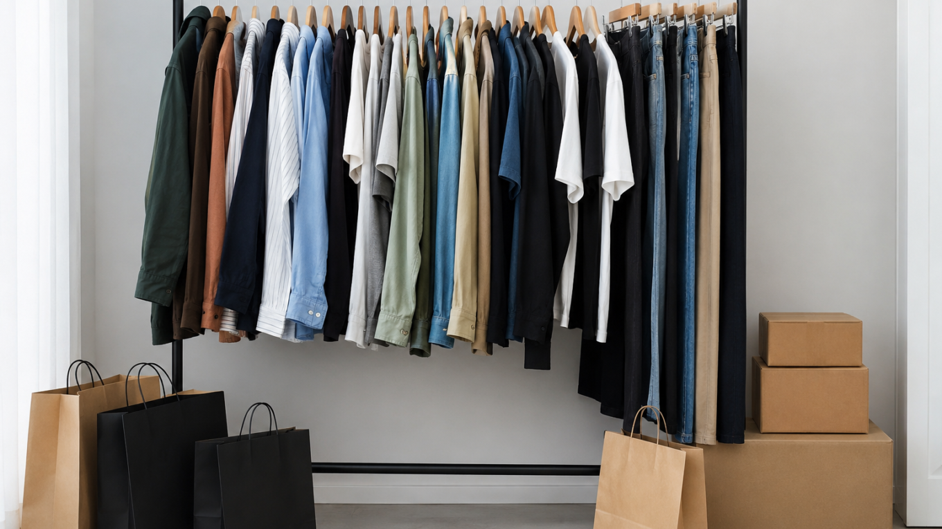 Arara de roupas masculinas com camisetas, blusas e calças dispostas em cabides. A imagem representa como ganhar roupas masculinas da shein.