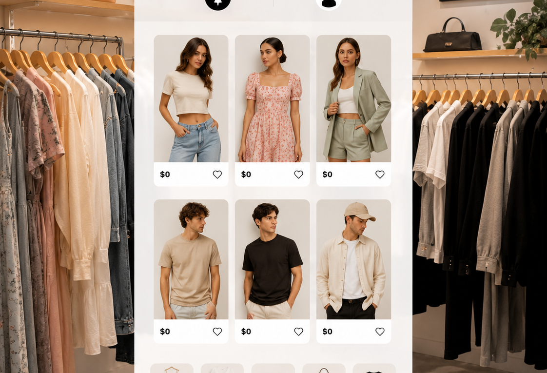 Interface de um aplicativo de compras com roupas femininas e masculinas dispostas. Ao fundo há uma arara de roupas femininas a esquerda e uma arara de roupas masculinas a direita. A imagem representa como usar o app da Shein para ganhar roupas.